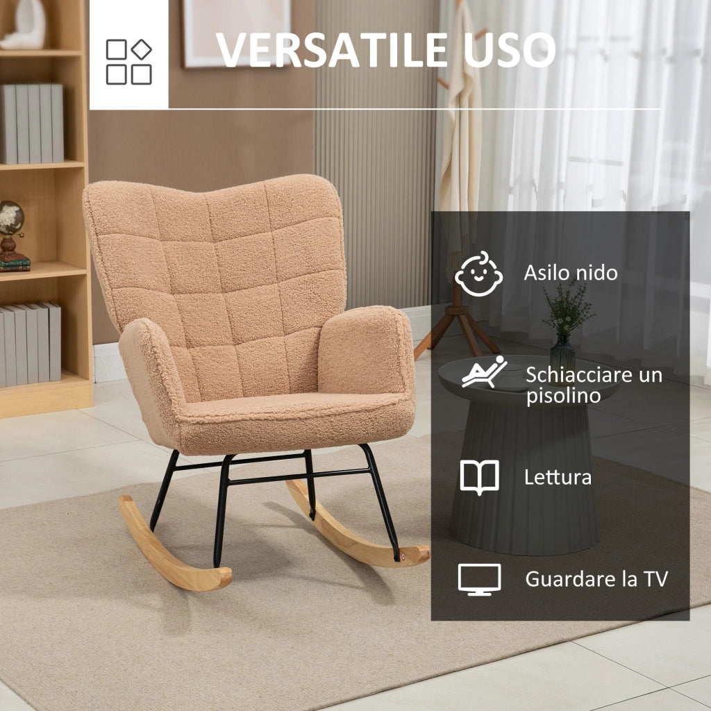 Poltrona a Dondolo Imbottita Rivestimento Bouclé 71x98x101 cm Marrone