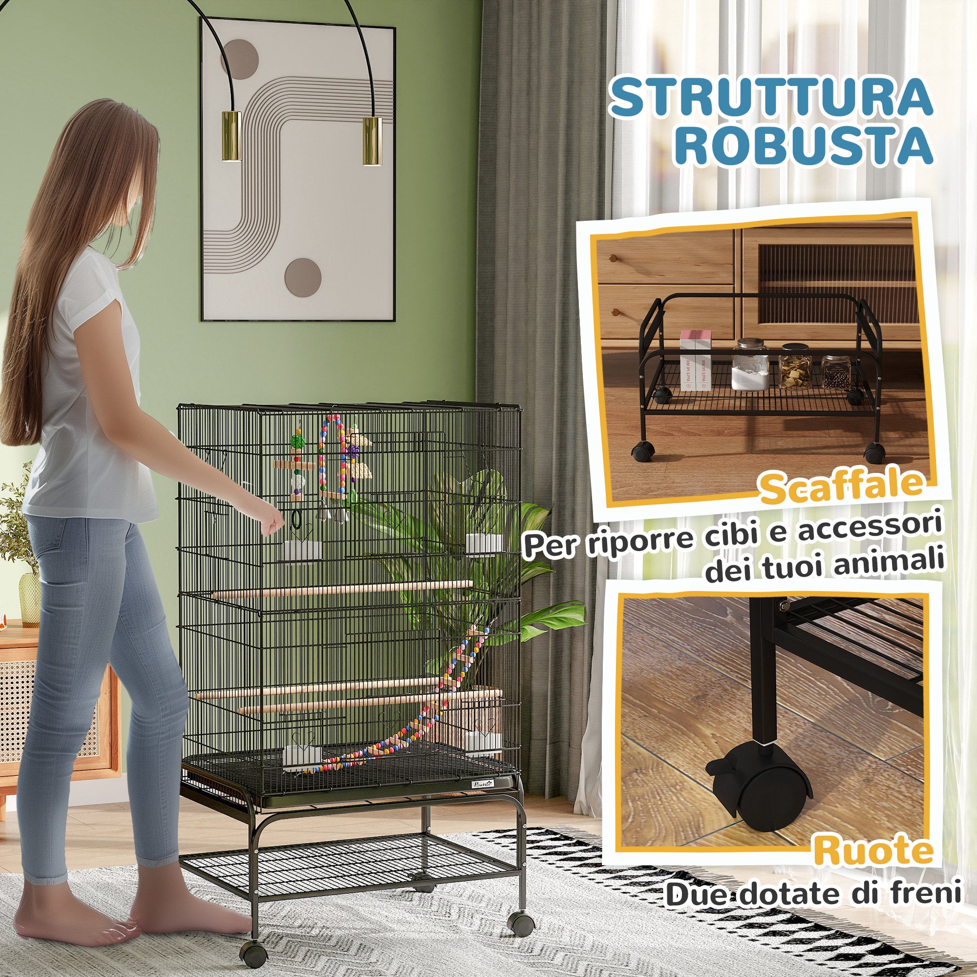 Gabbia per Uccelli 64x45x110 cm con Area Gioco Vassoio Estraibile e Mensola Nero