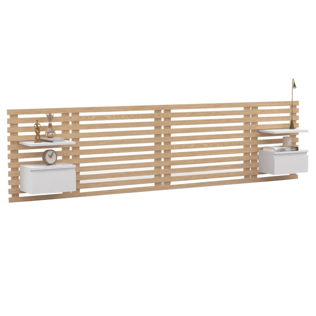 IDMarket - Cabecero de lamas AVA con mesillas colgantes 240 CM madera clara y blanco