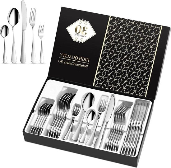 Set da cucina - 30 pezzi - Lame in acciaio inox lucidate - Cucchiaio forchetta coltello forchetta da torta cucchiaio - Per 6 persone - Resistente al lavastoviglie .