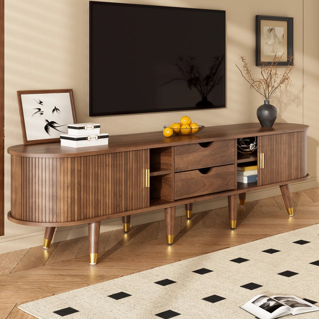 Mobile TV con Anta Scorrevole in Rattan; 2 Cassetti e Vani Aperti; Stile Country; in MDF; 175??38??45 cm; Noce