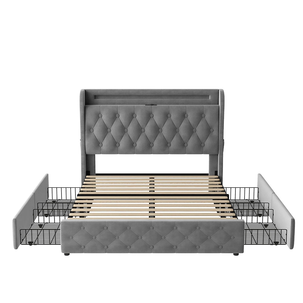 Letto imbottito 140x190 - Xylo - LED, USB, testiera con scaffali, 4 cassetti, velluto