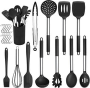 Set di cottura in silicone nero da 22 pezzi - maniglia in acciaio inossidabile - rivestimento antiaderente - salutare - contenitore per utensili incluso