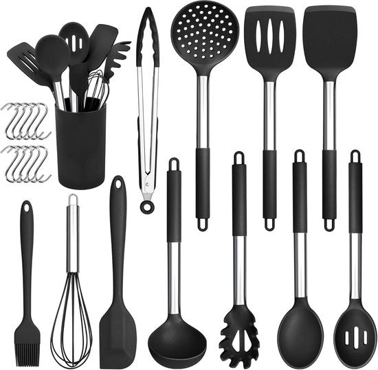 Set di cottura in silicone nero da 22 pezzi - maniglia in acciaio inossidabile - rivestimento antiaderente - salutare - contenitore per utensili incluso