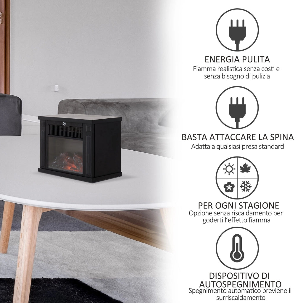 EasyComfort Camino Elettrico da Tavolo con Effetto Fiamma, Caminetto con Potenza Regolabile 600/1200W, Copertura 10-15m², Nero