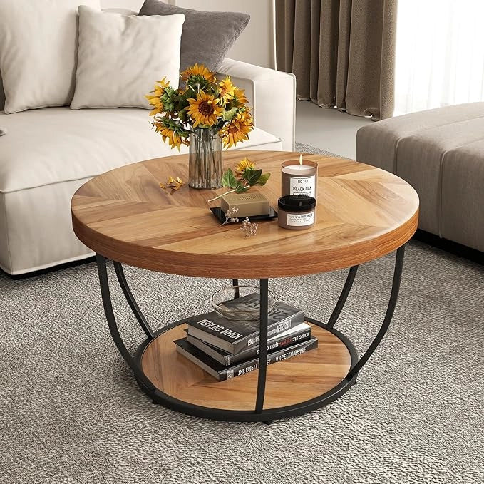 Tavolino da Caffè Rotondo a 2 Ripiani, Tavolo da Salotto in Legno con Struttura in Metallo, Tavolino Soggiorno Industriale con Piedini Regolabili, 80 x 80 x 45 cm (Moderno)