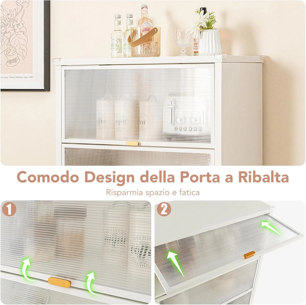 Credenza da Cucina a 4 Livelli, Armadietto Salvaspazio con Ante Ribaltabili e Ruote Bloccabili, Mobilietto Moderno in Metallo per Bagno, Soggiorno, Cucina e Ingresso, 81 x 37 x 115 cm
