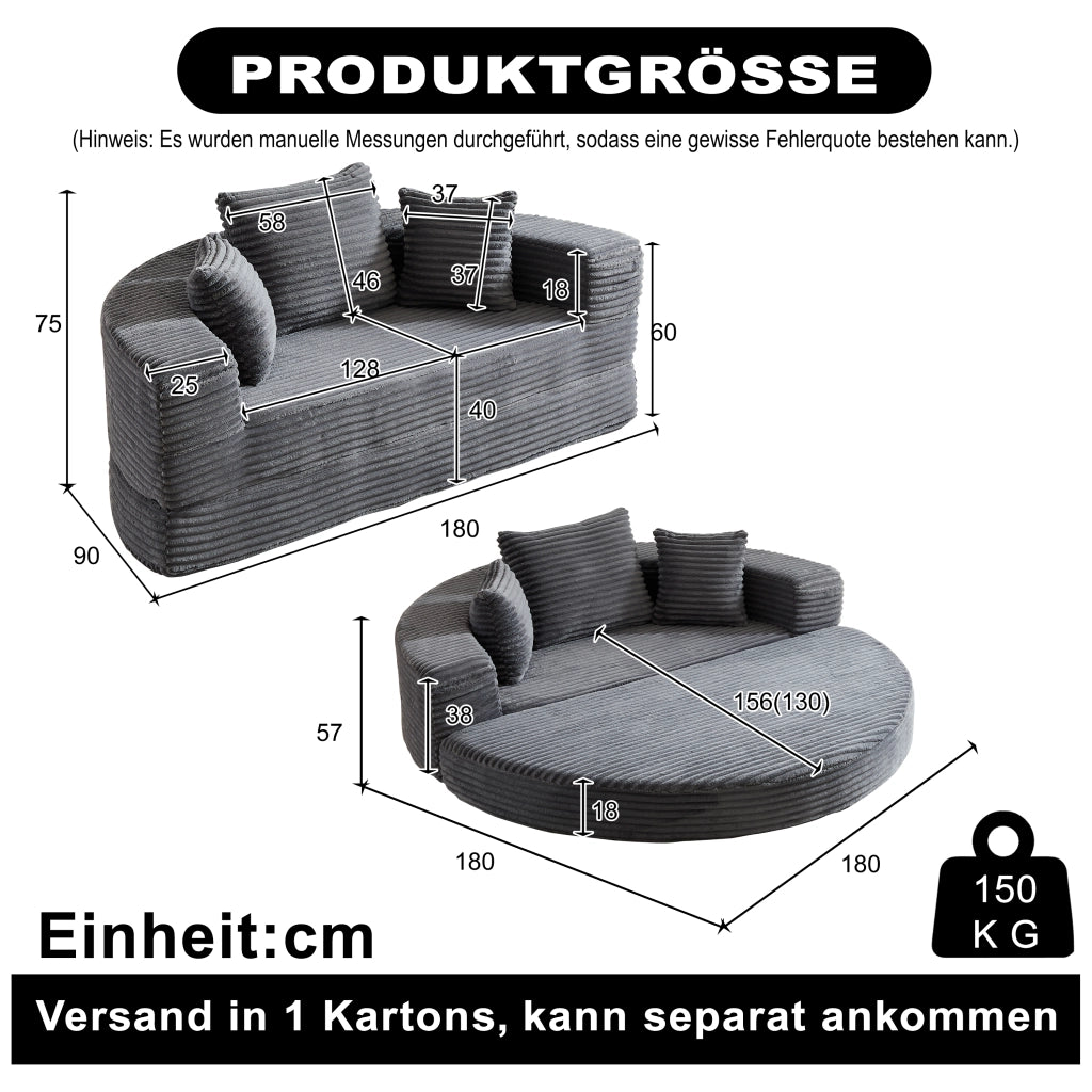 Divano Letto Rotondo 2 in 1 ¨C MINIMAL ¨C Tessuto, Braccioli con Tasche
