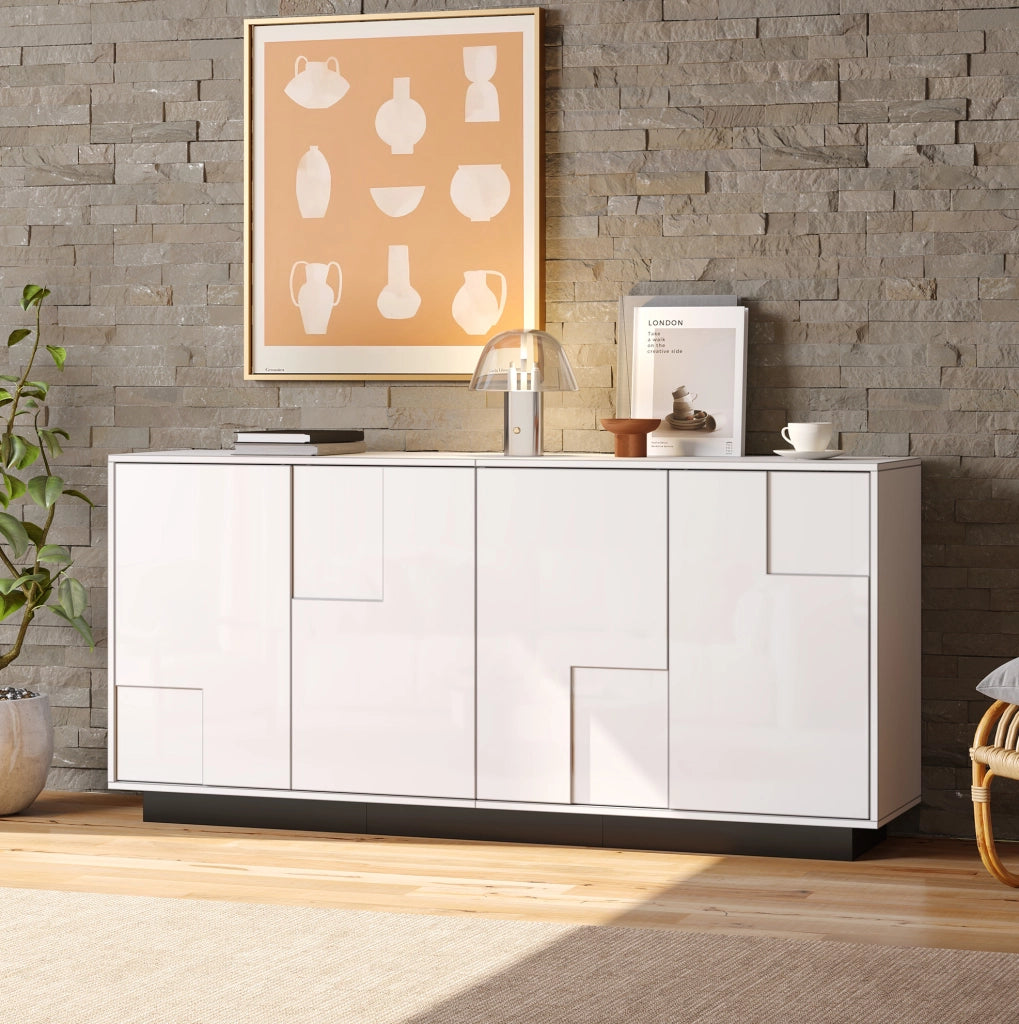 Credenza ULEVR 160x37x75,5 cm con 4 ante push-to-open e 2 ripiani, bianco lucido e nero