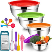 Set di contenitori in acciaio inossidabile a coperchio, 4 pezzi, con accessori multiuso per cucinare, cuocere e servire, stivabile e salutare, 4,5 L / 2,7 L / 2,5 L / 1,2 L, colorati.