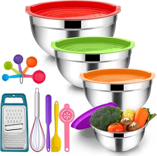 Set di contenitori in acciaio inossidabile a coperchio, 4 pezzi, con accessori multiuso per cucinare, cuocere e servire, stivabile e salutare, 4,5 L / 2,7 L / 2,5 L / 1,2 L, colorati.