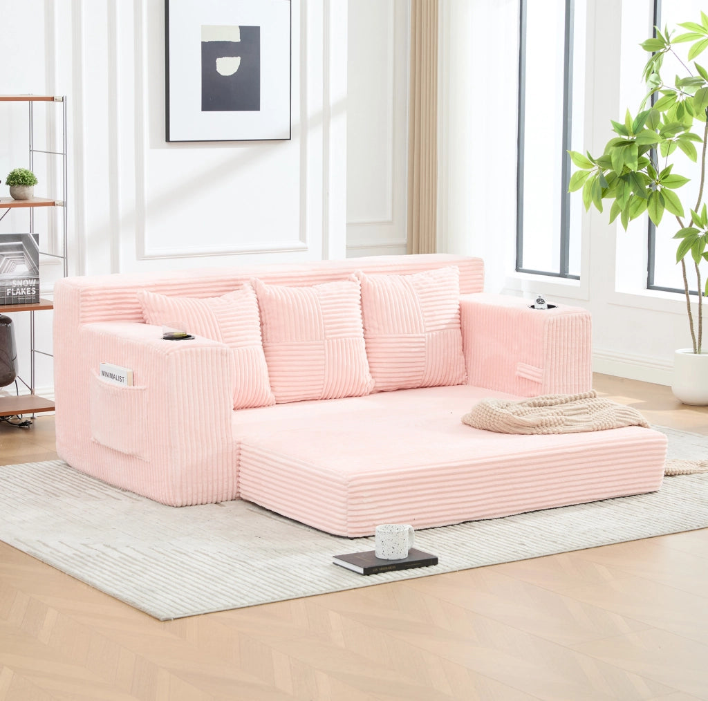 Divano modulare 2 posti in velluto a coste rosa; con portabicchieri e tasche laterali; 172 x 87 x 64 cm