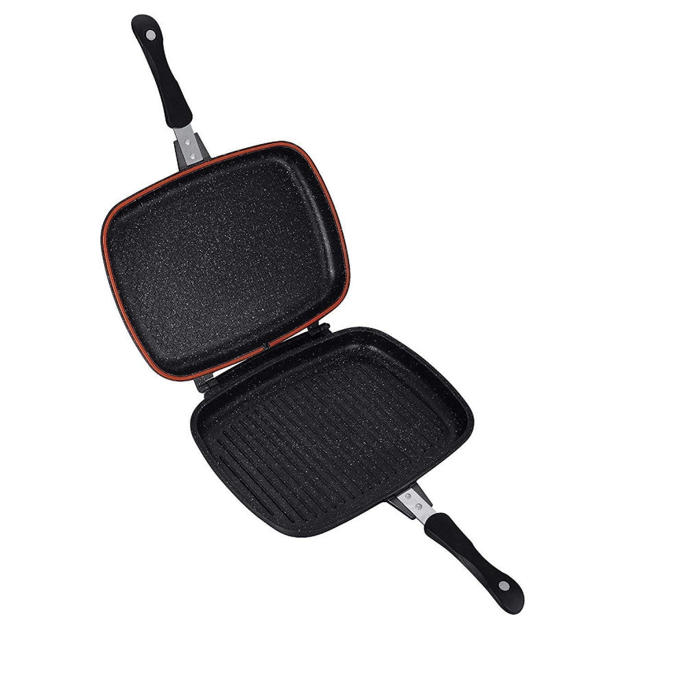 Trade Shop - Doppia Piastra Bistecchiera Chef Cucina Da 34 Cm Rivestimento Antiaderente Marmo -