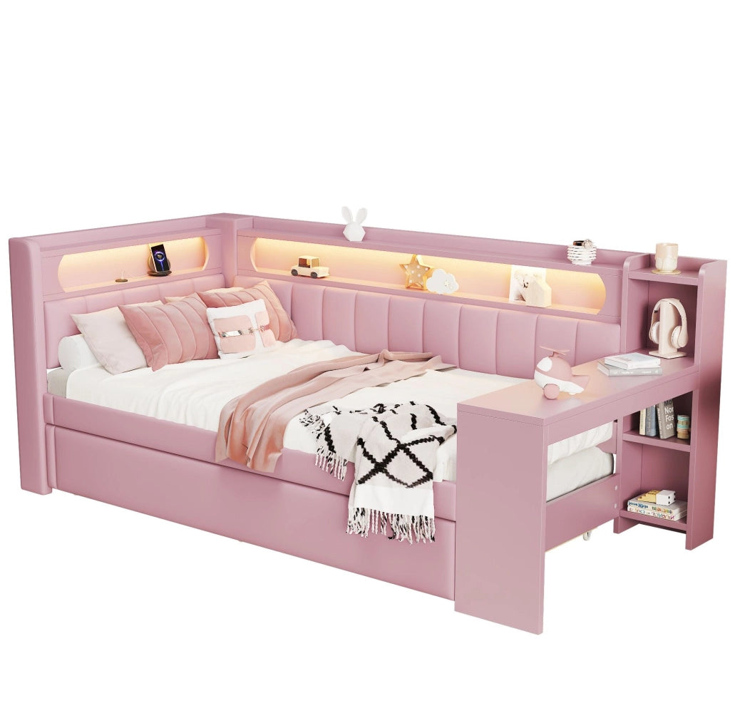Letto a giorno 90x200 cm con letto estraibile; scrivania e LED in MDF; compensato; imbottito rosa