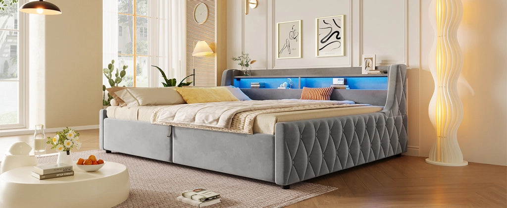 DESMIU Letto con contenitore 140 × 200 cm 2 posti con LED e spazio, senza materasso, in flanella, grigio