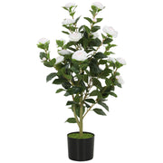 Pianta Finta di Camelia con Fiori Realistici. 176 Foglie in PEVA e Vaso Nero in PP Riempito in Cemento. Bianco