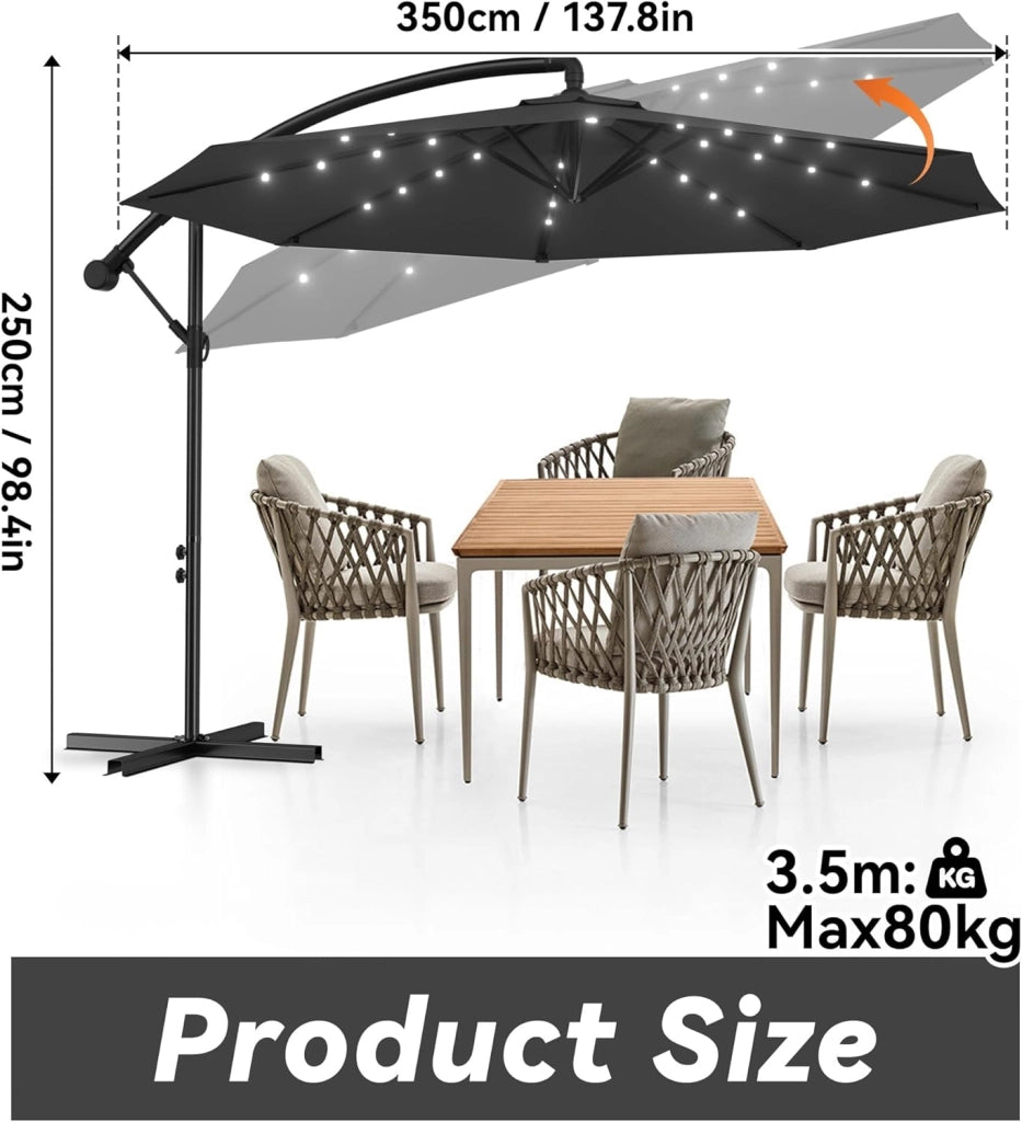 Ombrellone parasole con manovella, in alluminio, ombrellone da giardino, balcone, con supporto, protezione dai raggi UV, terrazza, giardino, spiaggia, grigio scuro, 3,5M, mit LED