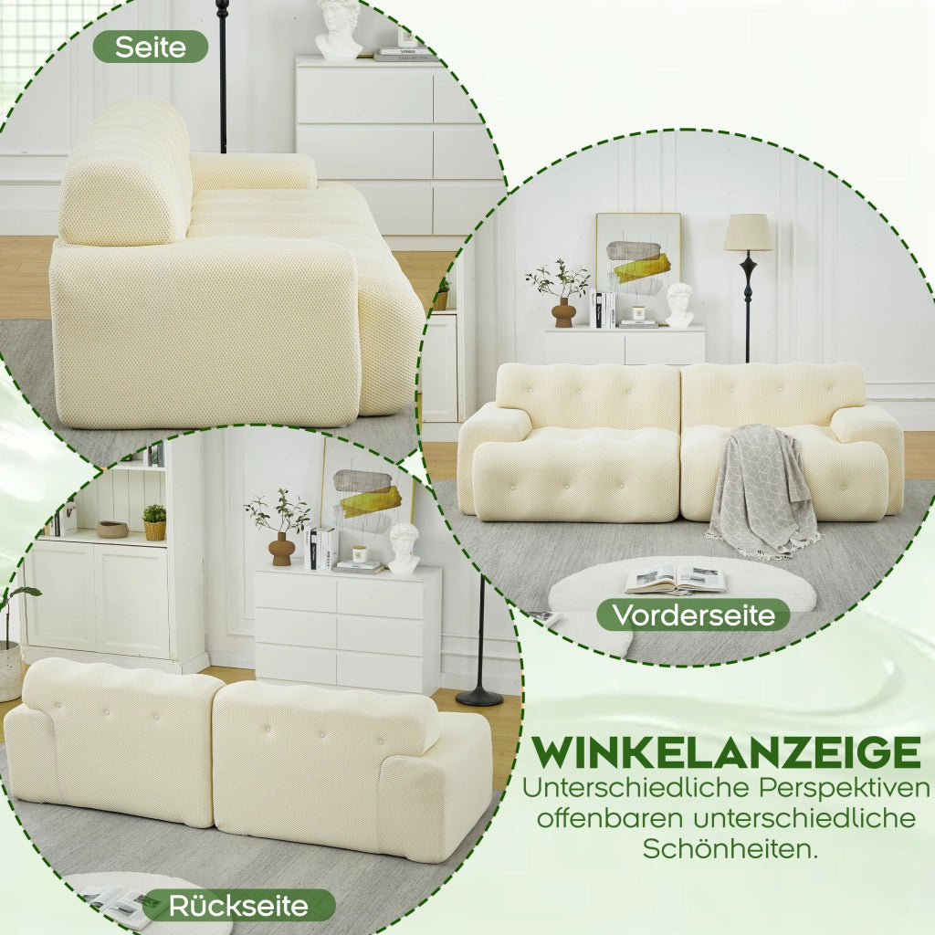 Divano a 2 posti in tessuto traspirante con braccioli larghi e supporto ergonomico beige 224 × 104 × 66 cm