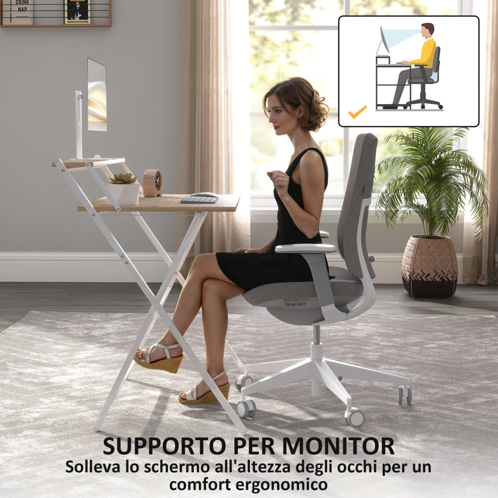 Scrivania Pieghevole con Ripiano per Monitor ¨C Zephmum ¨C Legno e Bianco 81.5x62x86.5 cm