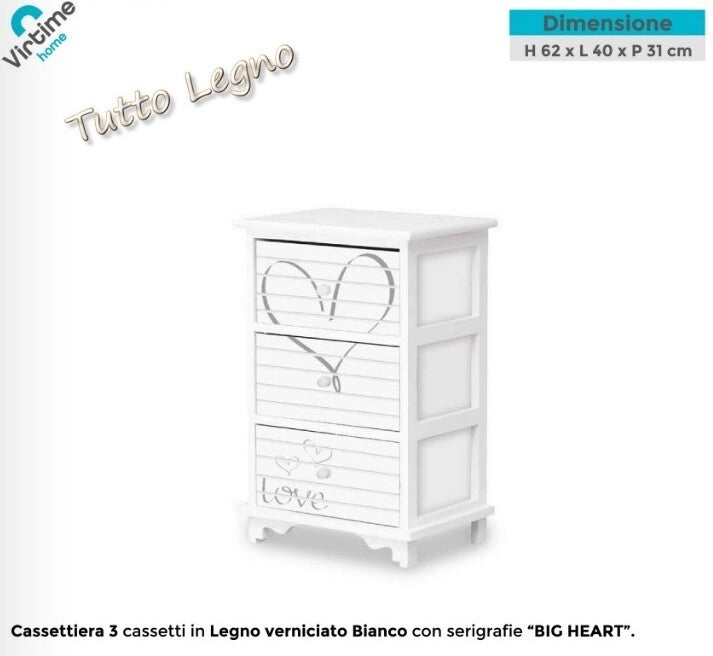 Cassettiera Mobile in Legno con 3 Cassetti Bianco Big Heart 62 x 40 x 31 cm