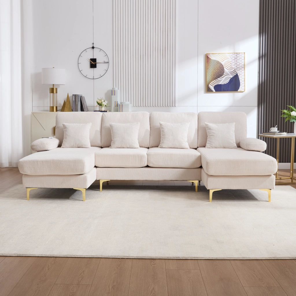 Divano a U con LED Integrato e Porta USB; Schienale Ergonomico e Seduta Profonda in Velluto Beige