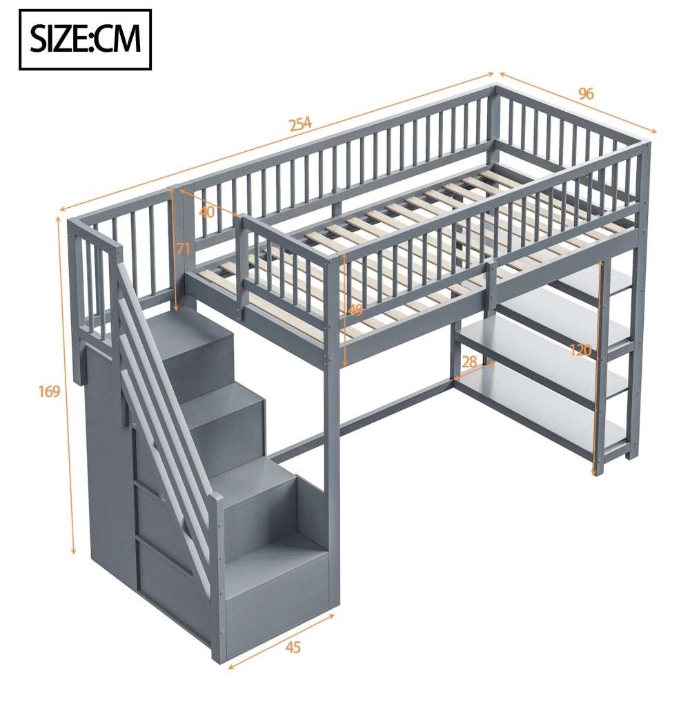 Letto a soppalco 90 x 200 cm in legno massello grigio con armadi; ripiani e scala di sicurezza