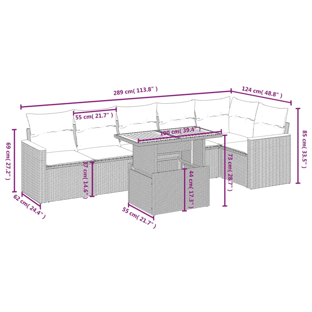 Set Divani da Giardino 7 pz con Cuscini Beige in Polyrattan