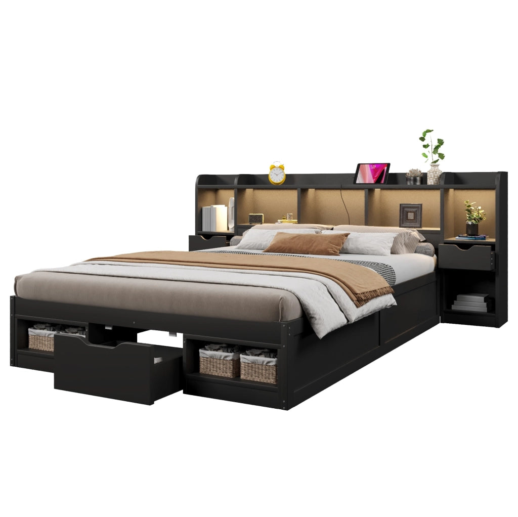 Letto a piattaforma nero 140x200 cm con testiera e pediera contenitore, 3 cassetti, LED e porta USB