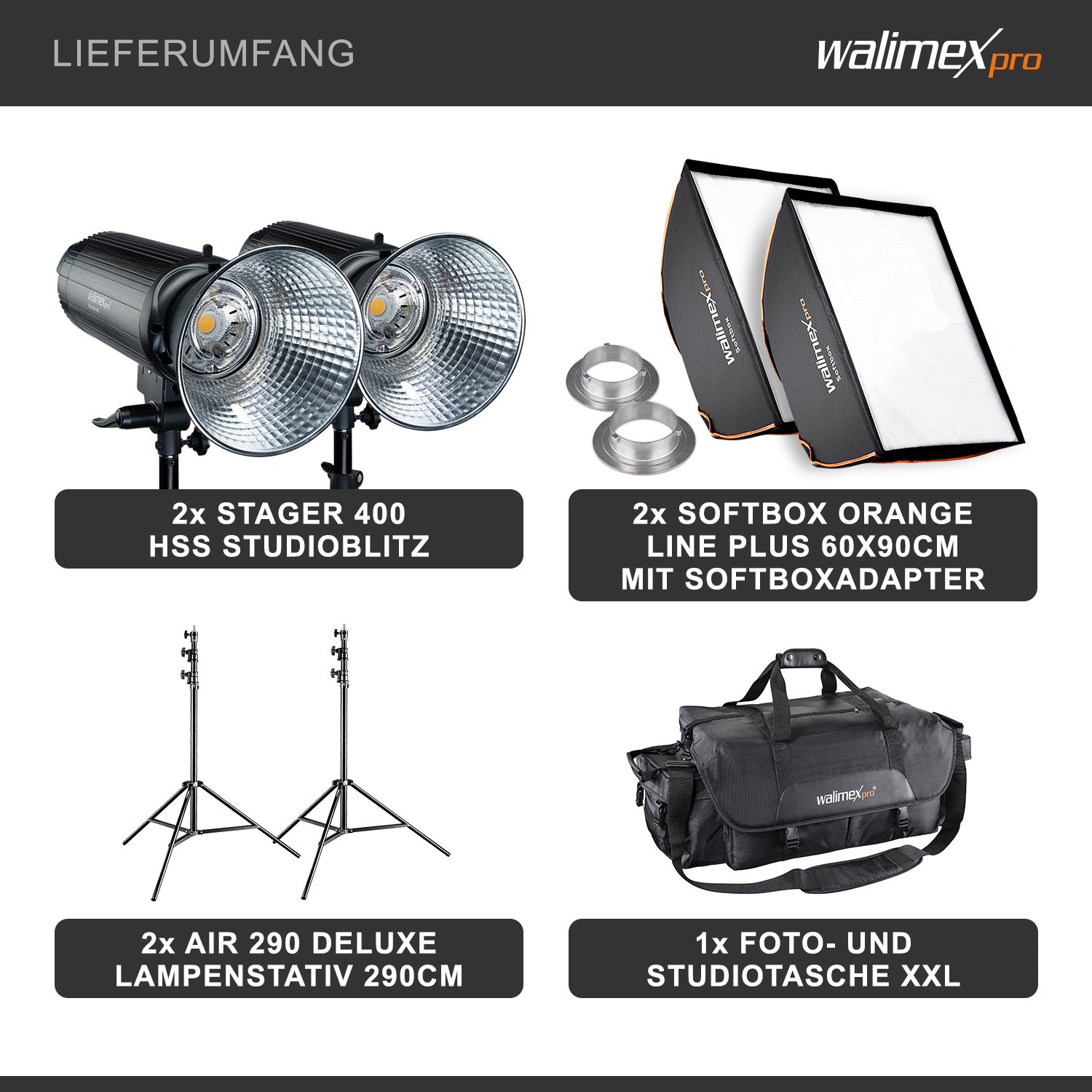 Stager 400 HSS set di 2 flash fotografici da studio, luce LED da 400 W per foto e video, con 2 softbox 2 stativi luci e accessori