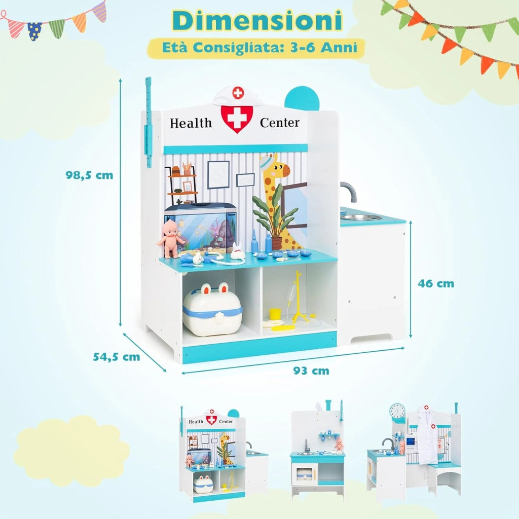 Kit Dottoressa Bambini a Tre Facce, Centro Medico Giocattolo in Legno con Monitor ECG, Rubinetto e 27 Accessori, Luci e Suoni, Regalo Bambini 3-6 Anni, 93 x 54,5 x 98,5 cm