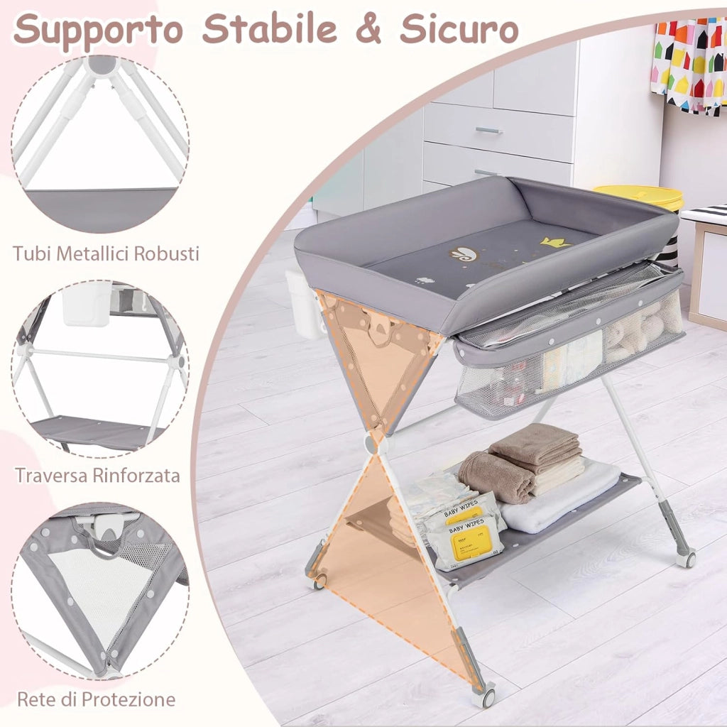 Fasciatoio Neonato Pieghevole, Fasciatoio Portatile con Altezza Regolabile a 3 Livelli, Fasciatoio Neonato con Ruote di Bloccabili, Ripiano, Porta Asciugamani, Cestino di Rifiuti (Grigio)