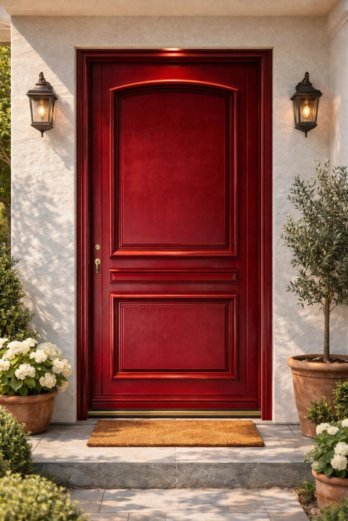 Porta d'ingresso in legno pieno, carene rosso RAL 3004, H,215xl,90 a spingere a destra Cote Tableau senza maniglia