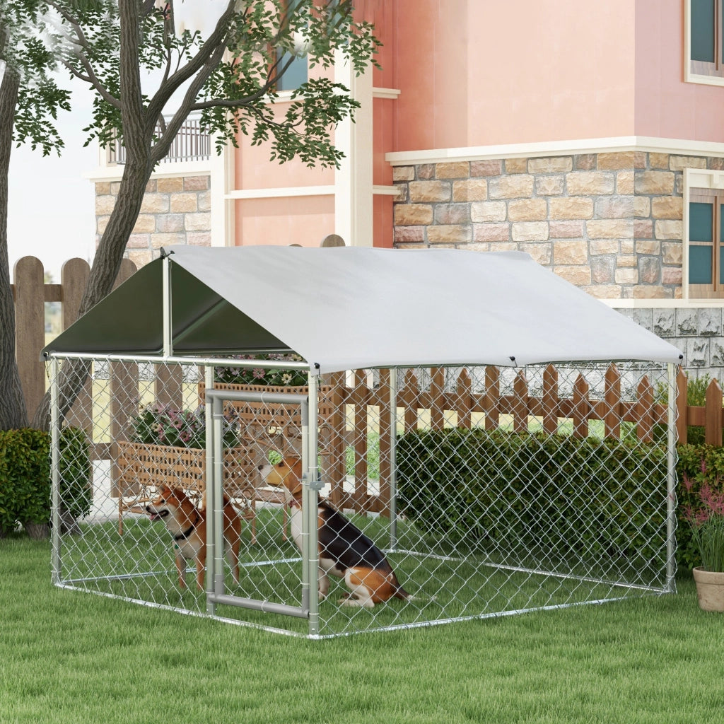 Kennel per Cani da Esterno, Recinto per Animali con Copertura Impermeabile, 200x200x150cm, Argento e Grigio