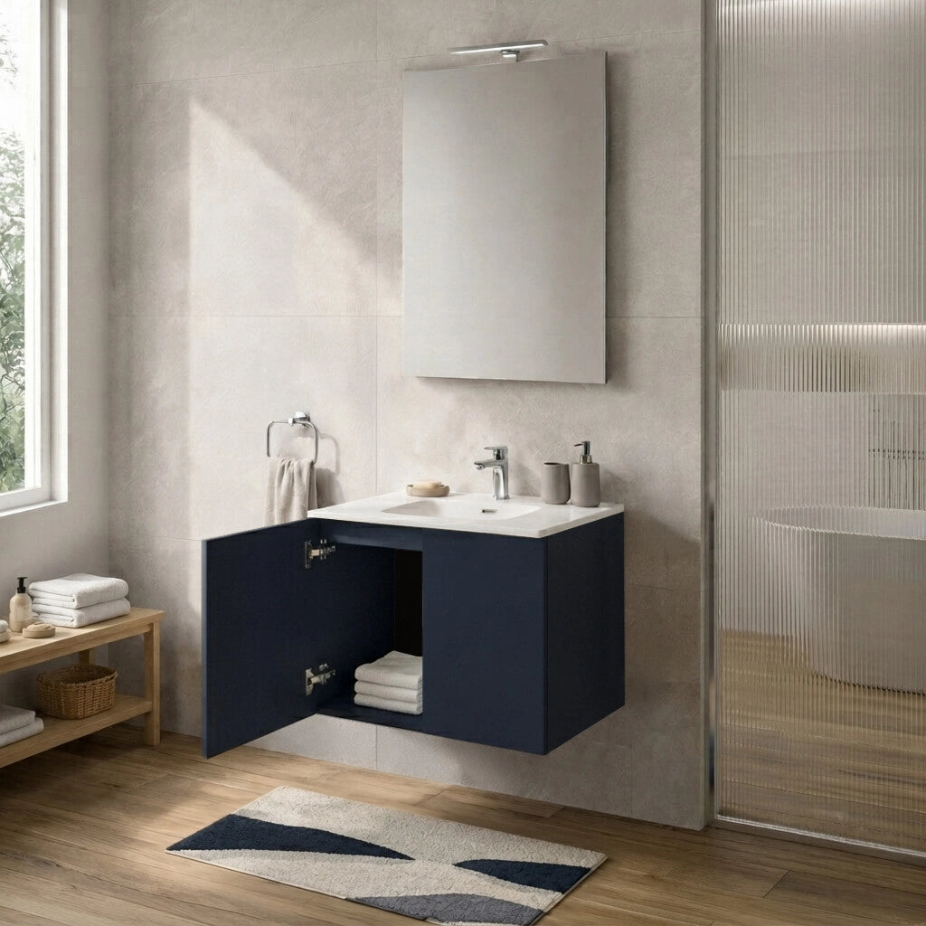 Mobile bagno sospeso 60 cm blu due ante e lavabo Tierra