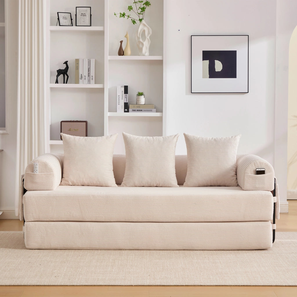 Divano Modulare con Tasca Laterale e 3 Cuscini in Velluto a Coste Beige 200 × 94 × 67 cm