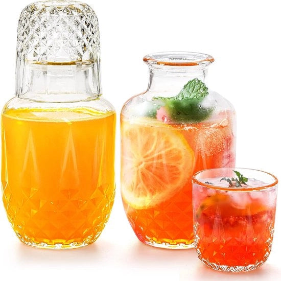 Set di 4 pezzi di caraffa acqua e bicchiere per notte, caraffa in vetro a diamante con bicchiere, 530ml caraffa acqua per notte con bicchiere per desktop, camera da letto, bagno