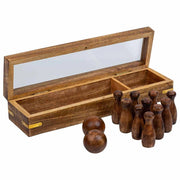 Gioco di bowling (10 pezzi + 2 palline) in scatola di legno marrone 25,5x7x5h