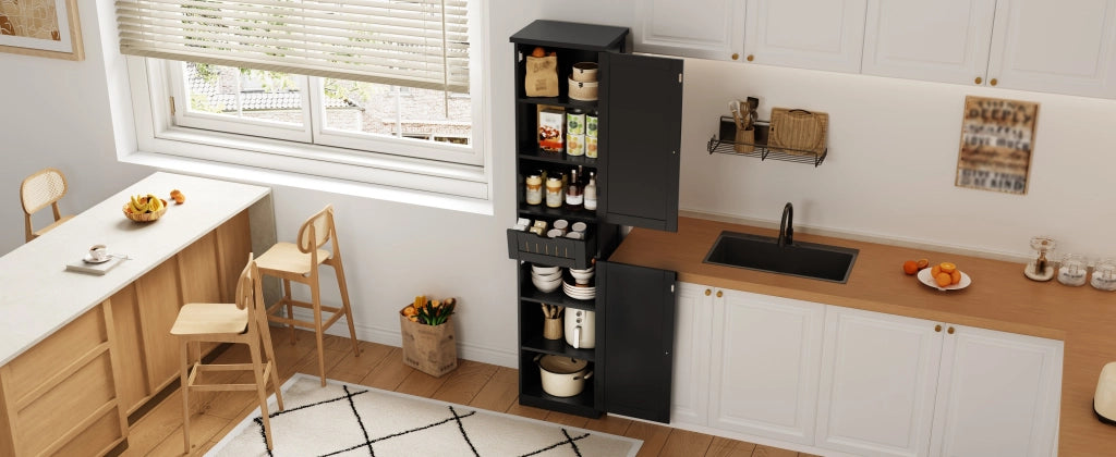 Dispensa alta con 4 ripiani regolabili e 2 ante, stile retrò, per cucina e soggiorno, in MDF, nero, 40 × 30 × 170 cm