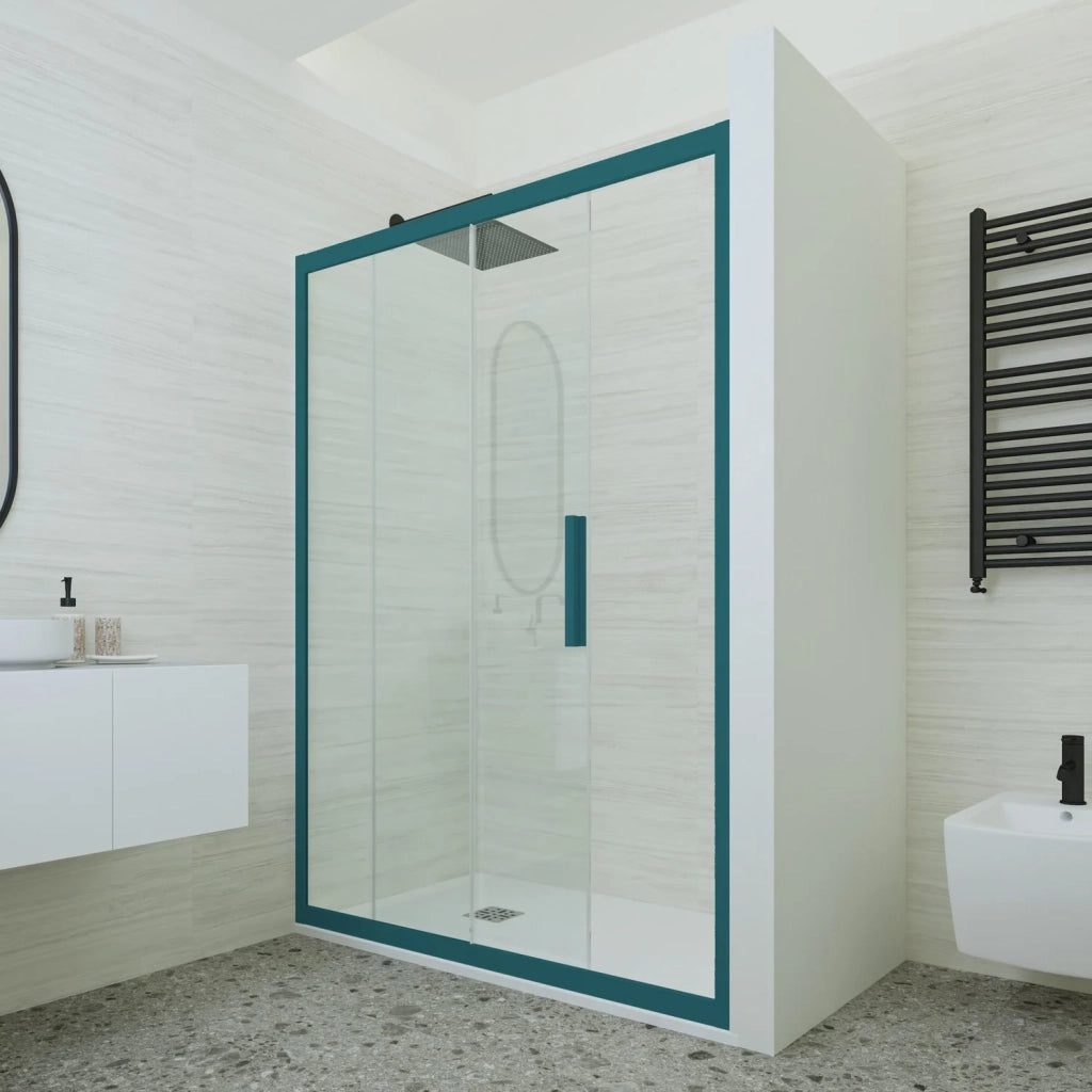 Porta doccia scorrevole 150 CM H 200 Vetro Trasparente Profilo Verde night watch mod. Deco