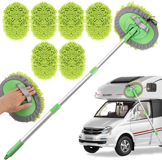 Autowasborstel 2 in 1 con manubrio 118 cm Spazzola autowasch 2 in 1 con manubrio telescopico 180° rotante con 5 testine sostitutive per auto, camper, furgoni.