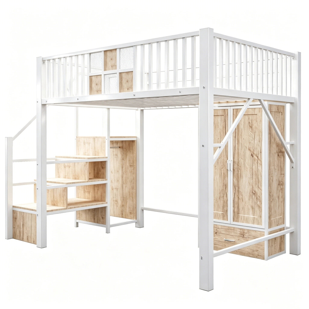 LETTO A SOPPALCO 140x200 cm Bianco in metallo e legno con armadio e scala