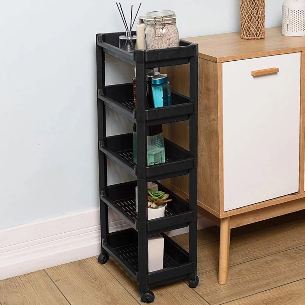 Carrello Salvaspazio Cucina Bagno Scaffale Portaoggetti Multiuso Nero 5 Ripiani
