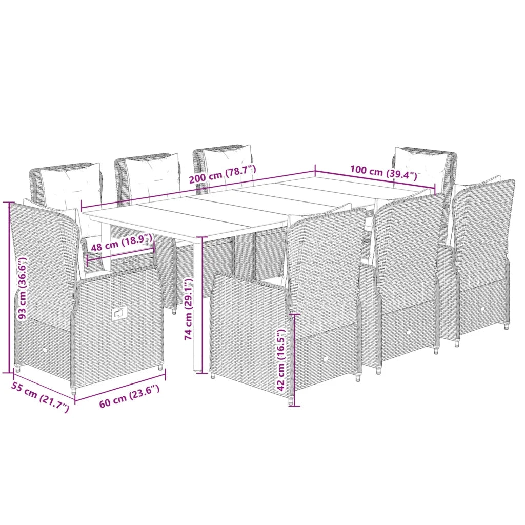 Set da Pranzo da Giardino 9 pz con Cuscini Beige in Polyrattan