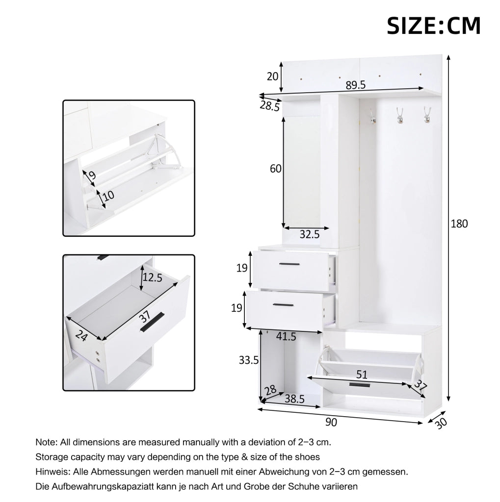 Mobile ingresso con scarpiera a ribalta e specchio 90x30x180 cm bianco HOMVRA
