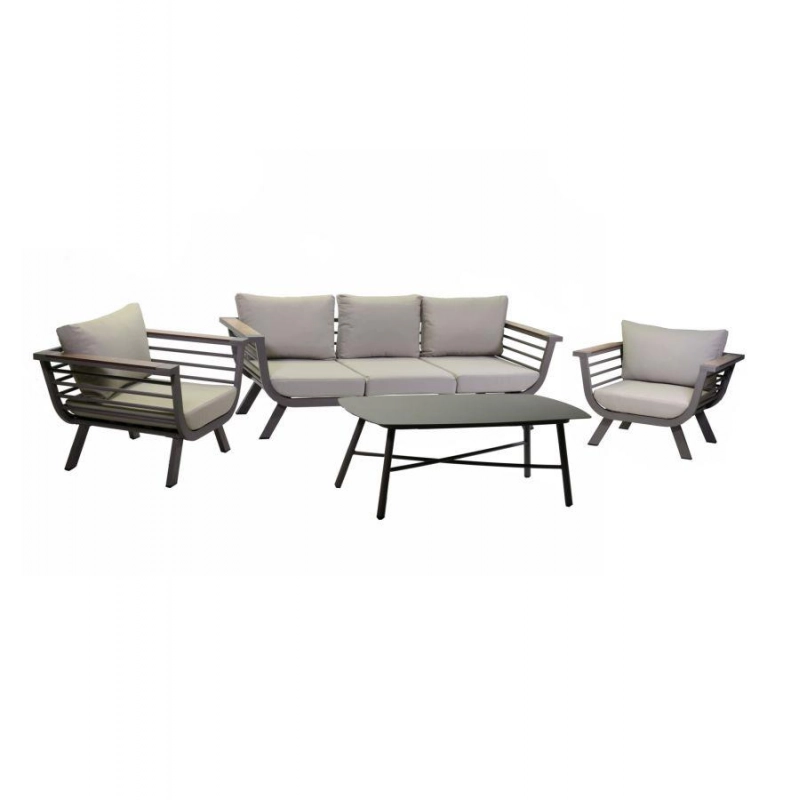 Salotto alluminio Riverside tortora 3 posti con cuscini crema (bracciolo in hpl)
