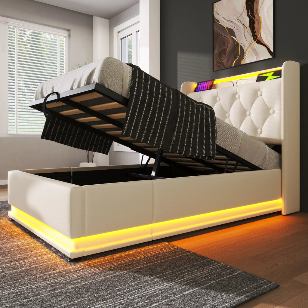 Letto Contenitore 90x200 cm - LED Regolabile; USB e Type-C - in PU - Bianco