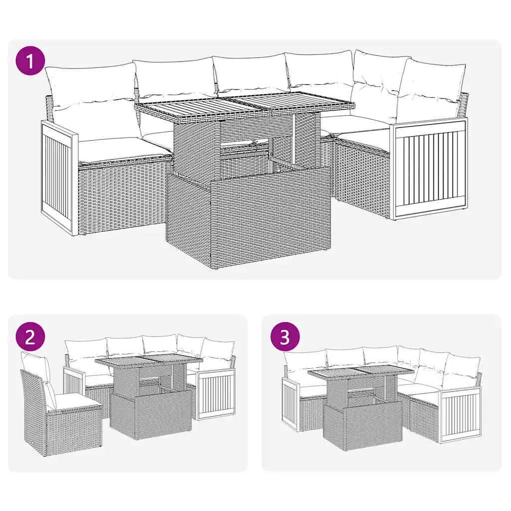 Set Divano da Giardino 6 pz con Cuscini Nero Polyrattan Acacia
