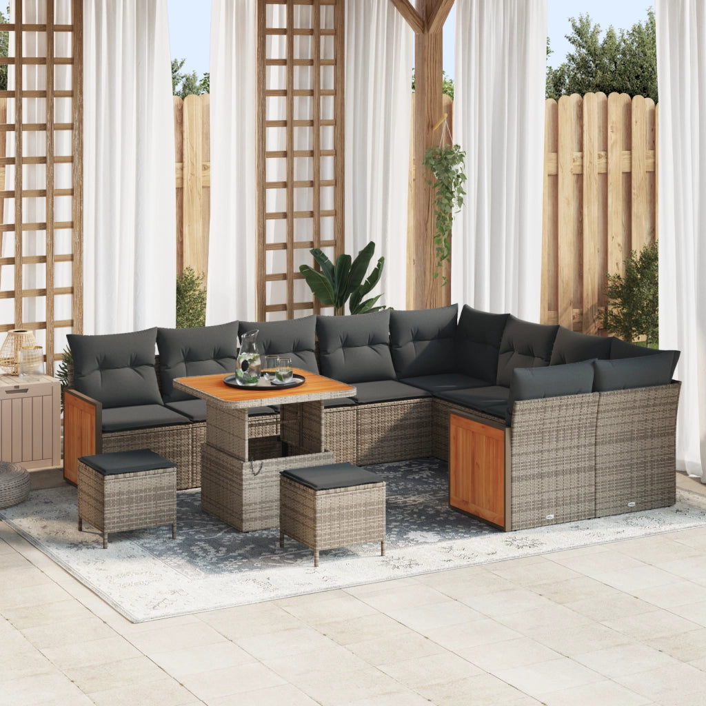Set Divano da Giardino da 12 Pezzi con Cuscini Grigio Polyrattan Acacia