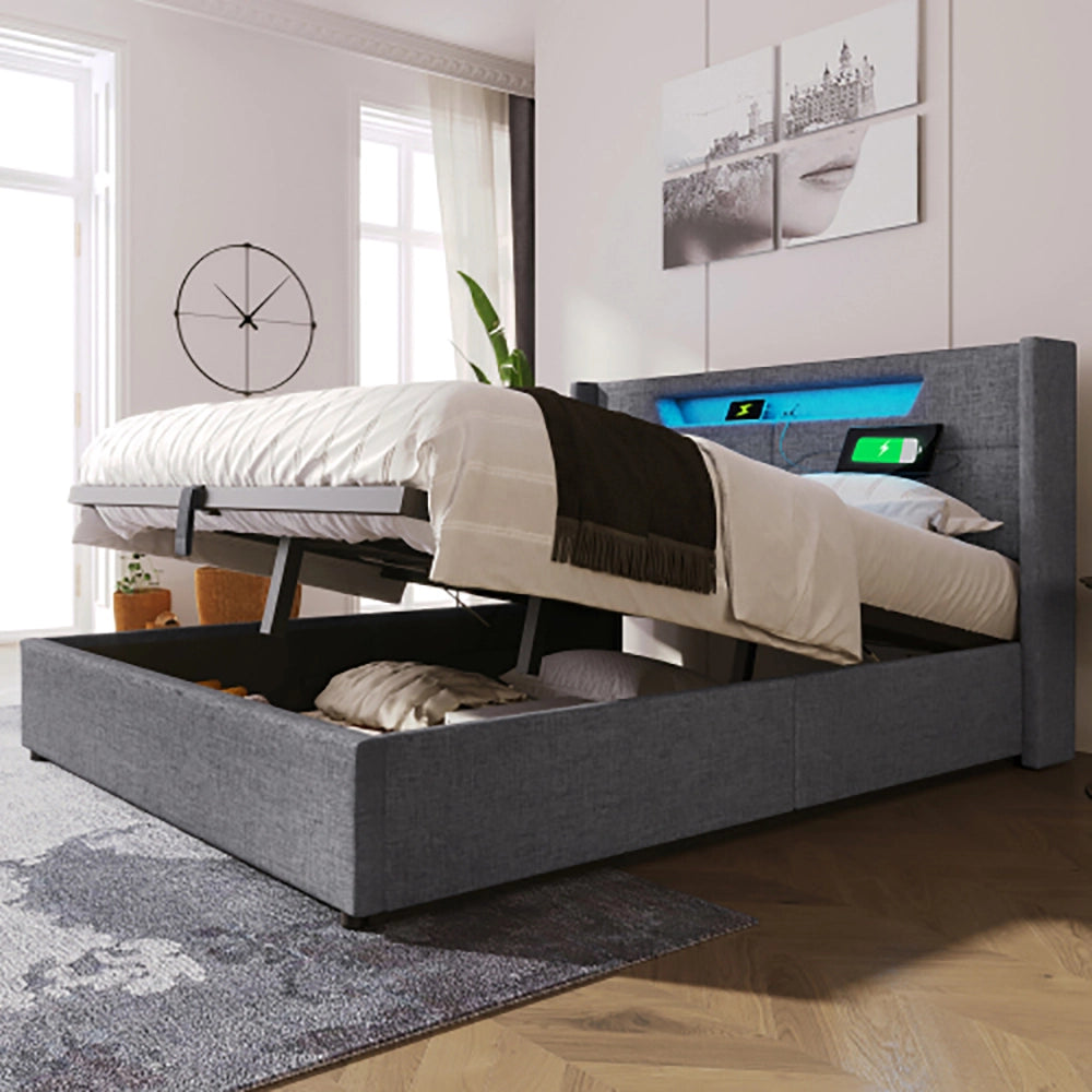 Letto matrimoniale con LED e USB - Xylo - 140x200cm - Grigio - con materasso