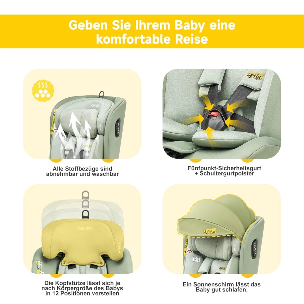 Seggiolino auto per bambini i-Size 360° girevole con ISOFIX, reclinabile e cappottina in tessuto verde